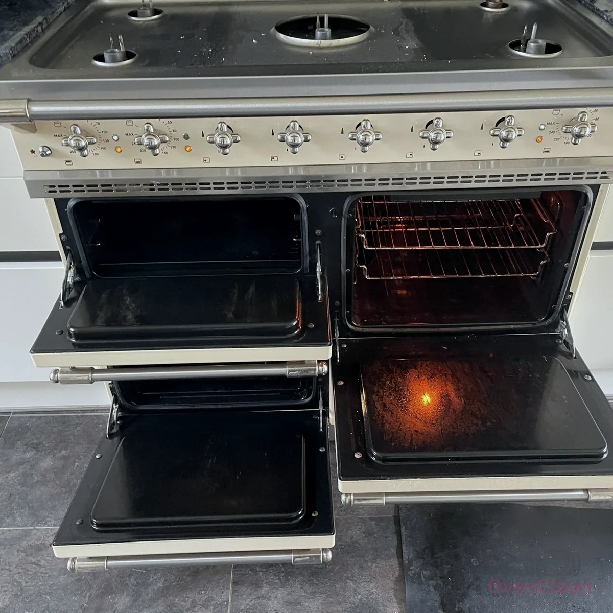 Range cooker before professional cleaning — burnt-on deposits